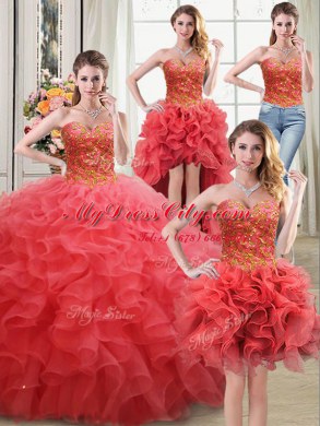 Four Piece Floor Length Coral Red Sweet 16 Dresses Sweetheart Sleeveless Lace Up