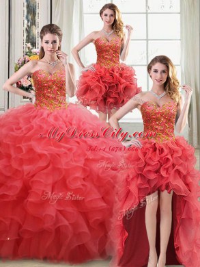 Four Piece Floor Length Coral Red Sweet 16 Dresses Sweetheart Sleeveless Lace Up
