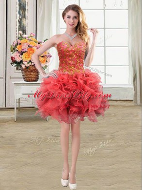 Four Piece Floor Length Coral Red Sweet 16 Dresses Sweetheart Sleeveless Lace Up