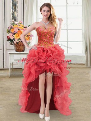 Four Piece Floor Length Coral Red Sweet 16 Dresses Sweetheart Sleeveless Lace Up
