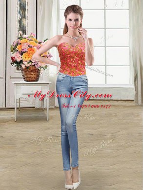 Four Piece Floor Length Coral Red Sweet 16 Dresses Sweetheart Sleeveless Lace Up