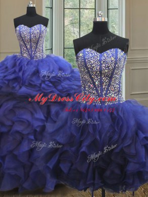 Three Piece Floor Length Royal Blue Quinceanera Dress Sweetheart Sleeveless Lace Up
