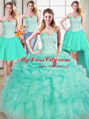 Most Popular Four Piece Floor Length Lace Up Quince Ball Gowns Apple Green for Military Ball and Sweet 16 and Quinceanera with Beading and Ruffles and Pick Ups