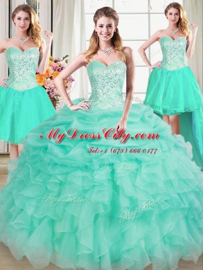 Most Popular Four Piece Floor Length Lace Up Quince Ball Gowns Apple Green for Military Ball and Sweet 16 and Quinceanera with Beading and Ruffles and Pick Ups