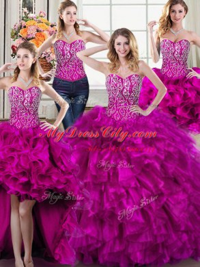 Artistic Four Piece Fuchsia Ball Gowns Beading and Ruffles Sweet 16 Quinceanera Dress Lace Up Organza Sleeveless