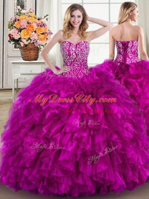 Artistic Four Piece Fuchsia Ball Gowns Beading and Ruffles Sweet 16 Quinceanera Dress Lace Up Organza Sleeveless