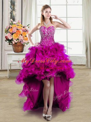 Artistic Four Piece Fuchsia Ball Gowns Beading and Ruffles Sweet 16 Quinceanera Dress Lace Up Organza Sleeveless