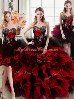 Sumptuous Four Piece Sleeveless Lace Up Floor Length Beading and Ruffles and Hand Made Flower 15 Quinceanera Dress