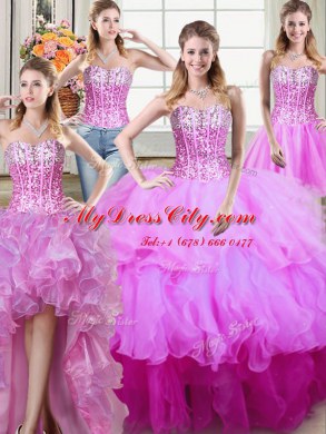 Four Piece Sleeveless Organza Floor Length Lace Up Sweet 16 Dress in Multi-color with Ruffles and Sequins