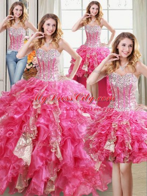 Captivating Four Piece Hot Pink Sleeveless Floor Length Beading and Ruffles and Sequins Lace Up Sweet 16 Dress