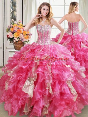 Captivating Four Piece Hot Pink Sleeveless Floor Length Beading and Ruffles and Sequins Lace Up Sweet 16 Dress