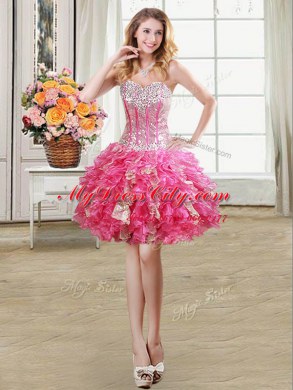 Captivating Four Piece Hot Pink Sleeveless Floor Length Beading and Ruffles and Sequins Lace Up Sweet 16 Dress