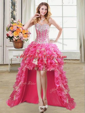 Captivating Four Piece Hot Pink Sleeveless Floor Length Beading and Ruffles and Sequins Lace Up Sweet 16 Dress