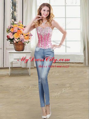 Captivating Four Piece Hot Pink Sleeveless Floor Length Beading and Ruffles and Sequins Lace Up Sweet 16 Dress