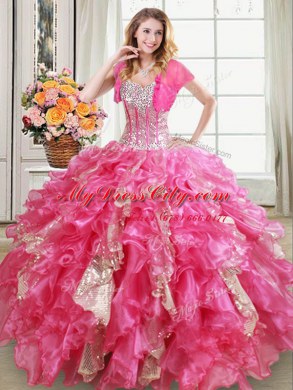 Flirting Sweetheart Sleeveless Organza Vestidos de Quinceanera Beading and Ruffles and Sequins Lace Up