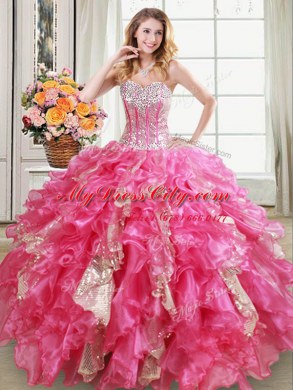 Flirting Sweetheart Sleeveless Organza Vestidos de Quinceanera Beading and Ruffles and Sequins Lace Up