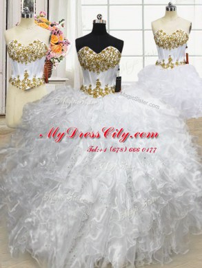 Three Piece White Lace Up Quinceanera Gowns Beading and Ruffled Layers Sleeveless Floor Length