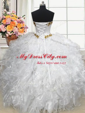 Three Piece White Lace Up Quinceanera Gowns Beading and Ruffled Layers Sleeveless Floor Length