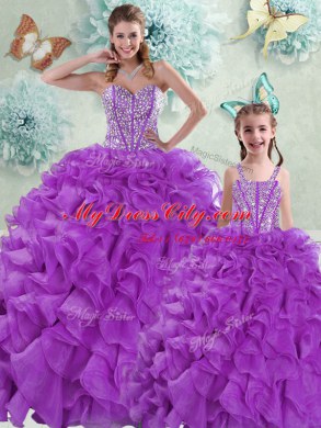 Organza Sleeveless With Train Sweet 16 Quinceanera Dress Brush Train and Beading and Ruffles