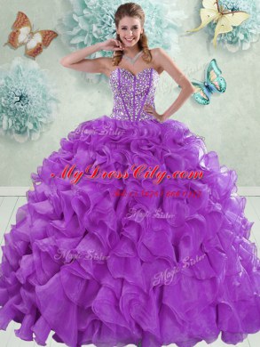 Organza Sleeveless With Train Sweet 16 Quinceanera Dress Brush Train and Beading and Ruffles