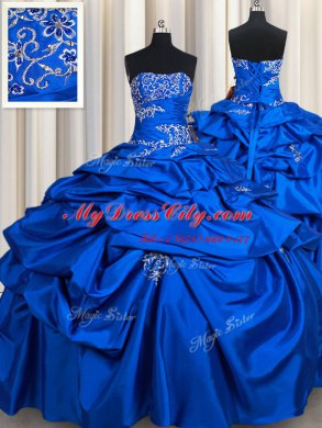 Sexy Royal Blue Ball Gowns Beading and Pick Ups 15 Quinceanera Dress Lace Up Taffeta Sleeveless Floor Length