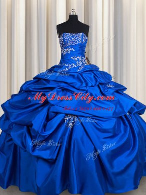 Sexy Royal Blue Ball Gowns Beading and Pick Ups 15 Quinceanera Dress Lace Up Taffeta Sleeveless Floor Length