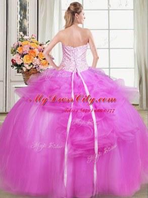 Custom Design Floor Length Lace Up Sweet 16 Dress Fuchsia for Military Ball and Sweet 16 and Quinceanera with Beading and Appliques and Embroidery