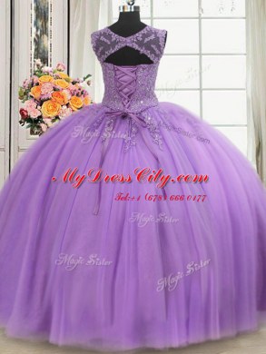Custom Fit Three Piece Scoop Lilac Sleeveless Beading and Appliques Floor Length Quinceanera Gowns