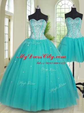 Three Piece Floor Length Ball Gowns Sleeveless Aqua Blue Sweet 16 Dress Lace Up