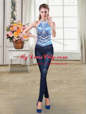 Excellent Four Piece Tulle Halter Top Sleeveless Lace Up Beading and Pick Ups Quinceanera Dress in Aqua Blue