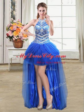 Excellent Four Piece Tulle Halter Top Sleeveless Lace Up Beading and Pick Ups Quinceanera Dress in Aqua Blue