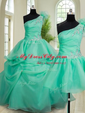 Three Piece One Shoulder Sleeveless Floor Length Beading and Hand Made Flower Lace Up Sweet 16 Dresses with Turquoise