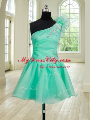 Three Piece One Shoulder Sleeveless Floor Length Beading and Hand Made Flower Lace Up Sweet 16 Dresses with Turquoise