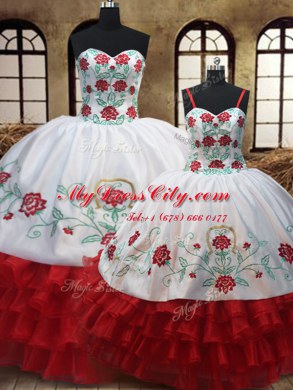 White And Red Ball Gowns Sweetheart Sleeveless Organza Floor Length Lace Up Embroidery and Ruffled Layers 15th Birthday Dress