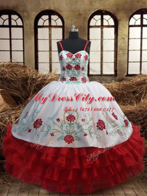 White And Red Ball Gowns Sweetheart Sleeveless Organza Floor Length Lace Up Embroidery and Ruffled Layers 15th Birthday Dress