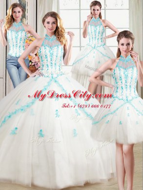 Most Popular Four Piece White Lace Up Halter Top Beading and Appliques Sweet 16 Quinceanera Dress Tulle Sleeveless