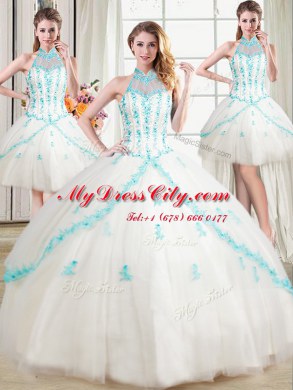Most Popular Four Piece White Lace Up Halter Top Beading and Appliques Sweet 16 Quinceanera Dress Tulle Sleeveless