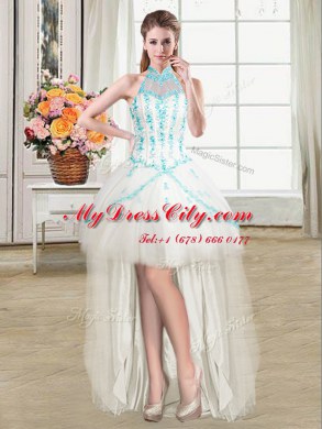 Most Popular Four Piece White Lace Up Halter Top Beading and Appliques Sweet 16 Quinceanera Dress Tulle Sleeveless
