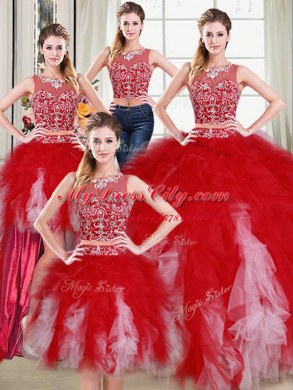 Four Piece Scoop Sleeveless Floor Length Beading and Ruffles Zipper Sweet 16 Dresses with White and Red