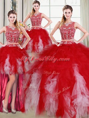 Four Piece Scoop Sleeveless Floor Length Beading and Ruffles Zipper Sweet 16 Dresses with White and Red