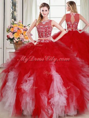 Four Piece Scoop Sleeveless Floor Length Beading and Ruffles Zipper Sweet 16 Dresses with White and Red