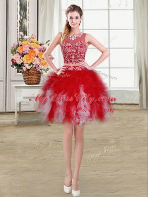 Four Piece Scoop Sleeveless Floor Length Beading and Ruffles Zipper Sweet 16 Dresses with White and Red