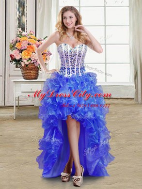 Affordable Sleeveless Organza High Low Lace Up Prom Gown in Blue with Beading and Ruffles