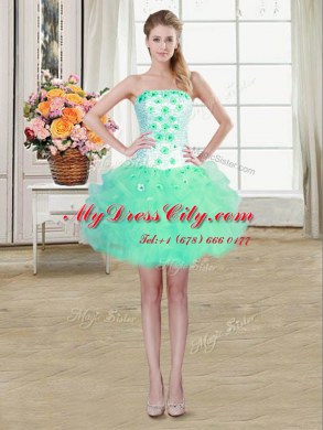 Amazing Turquoise Organza Lace Up Strapless Sleeveless Mini Length Cocktail Dresses Beading and Appliques and Ruffles