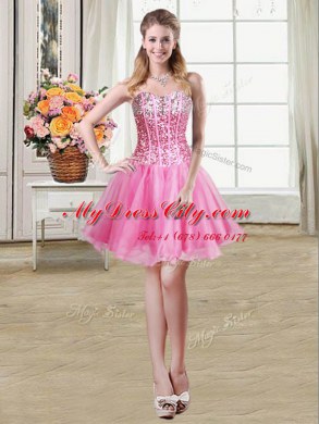 Pretty Sequins Rose Pink Sleeveless Organza Lace Up Prom Dresses for Prom and Party