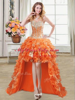 Hot Sale Sleeveless Lace Up High Low Beading and Ruffles and Sequins Evening Dress