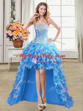 Sleeveless Organza High Low Lace Up Dress for Prom in Baby Blue with Beading and Ruffles and Sequins
