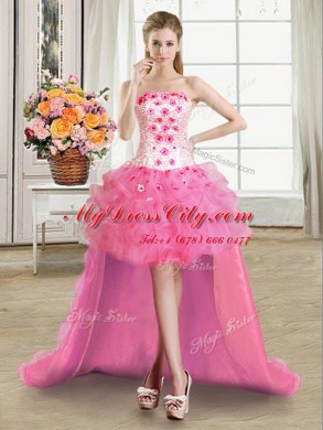 Rose Pink Sleeveless Beading and Appliques and Ruffles High Low Celebrity Dresses