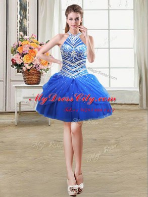 Exquisite Halter Top Sleeveless Tulle Prom Dresses Beading and Pick Ups Lace Up