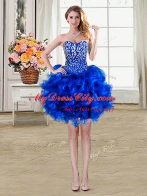 Sweetheart Sleeveless Prom Party Dress Mini Length Beading and Ruffles Royal Blue Organza